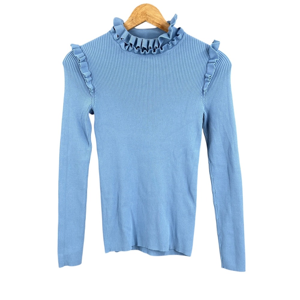 Sandro Paris Blue Ribbed Mock Neck Ruffle Long Sleeve Knit Top Size 1 / S